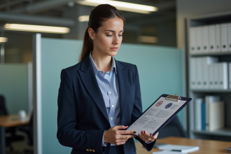 Femme d'affaires en costume examinant un document officiel