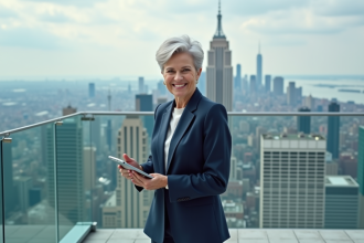 Femme d'affaires confiante sur un rooftop urbain
