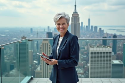 Femme d'affaires confiante sur un rooftop urbain