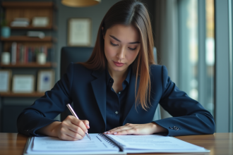 Femme d'affaires en costume navy dans un bureau moderne