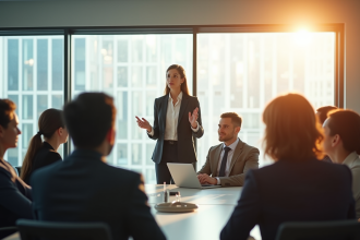 Femme d'affaires confiante lors d'une réunion moderne