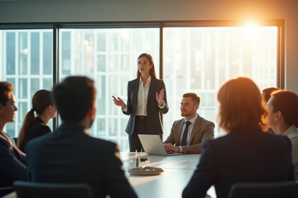 Femme d'affaires confiante lors d'une réunion moderne