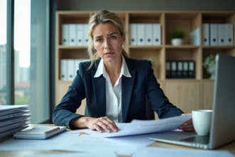 Femme d'affaires consultant des documents officiels liés à un numéro D-U-N-S dans un bureau professionnel