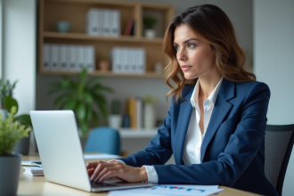 Femme en blazer bleu analysant des données sur un ordinateur
