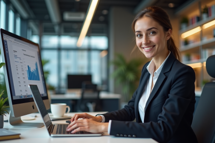 Jeune femme professionnelle analysant des données Facebook