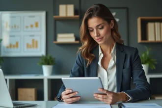 Femme en business casual analysant des données sur un tablet