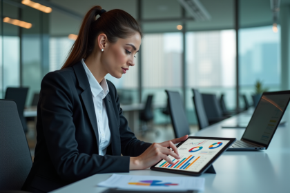 Femme d'affaires analysant des graphiques marketing sur une tablette