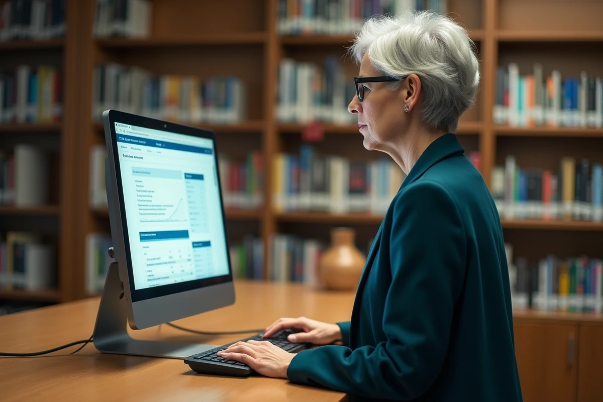 Femme consultant le site INSEE dans une bibliothèque publique pour trouver l'indice ING officiel