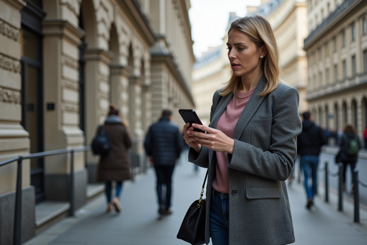 Femme d affaires dehors de la bourse de Paris