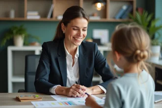 Femme en bureau souriante avec dessin d'enfant