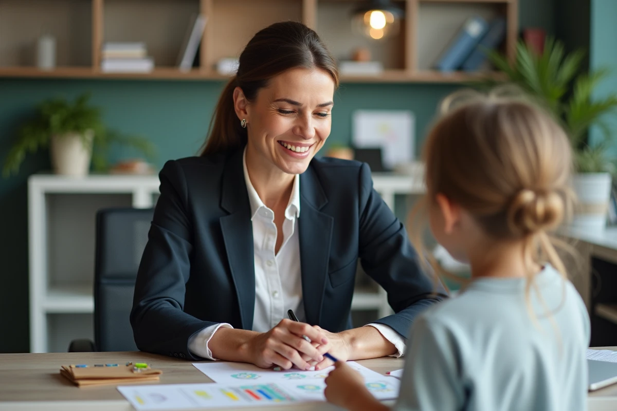 Femme en bureau souriante avec dessin d'enfant