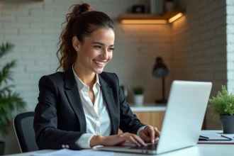 Jeune femme souriante au bureau remplissant un formulaire digital