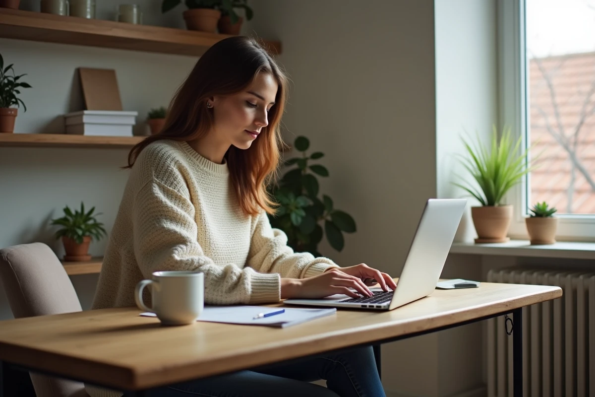 Femme travaillant sur son ordinateur dans un bureau cosy