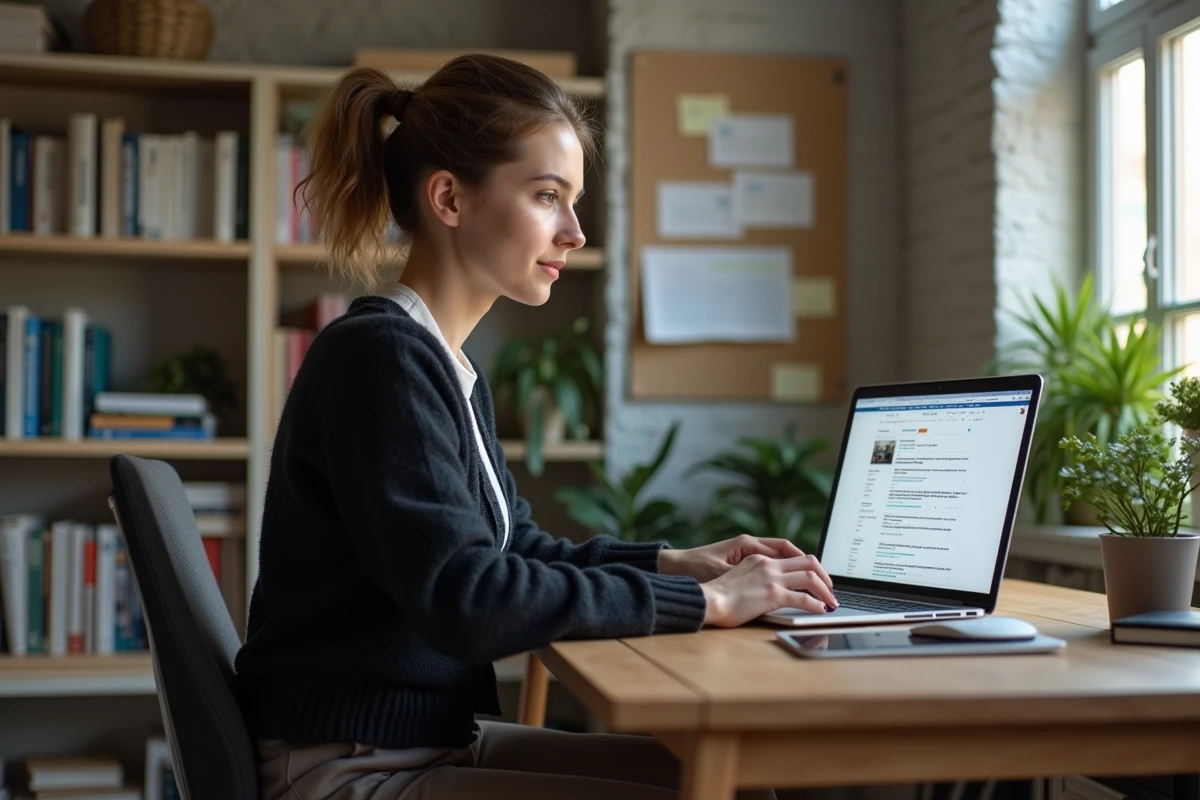 Femme au bureau suivant des mises à jour en ligne sur son ordinateur