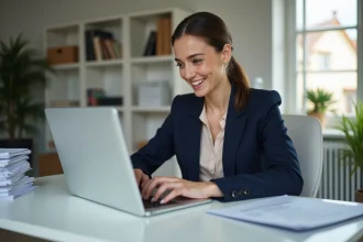 Femme professionnelle utilisant un ordinateur dans un bureau moderne