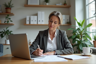 Femme d'âge moyen travaillant à son bureau à domicile