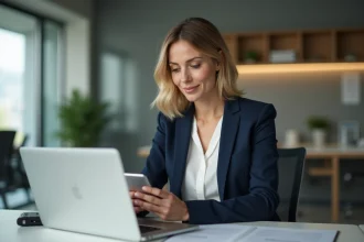 Femme professionnelle au bureau avec smartphone et ordinateur