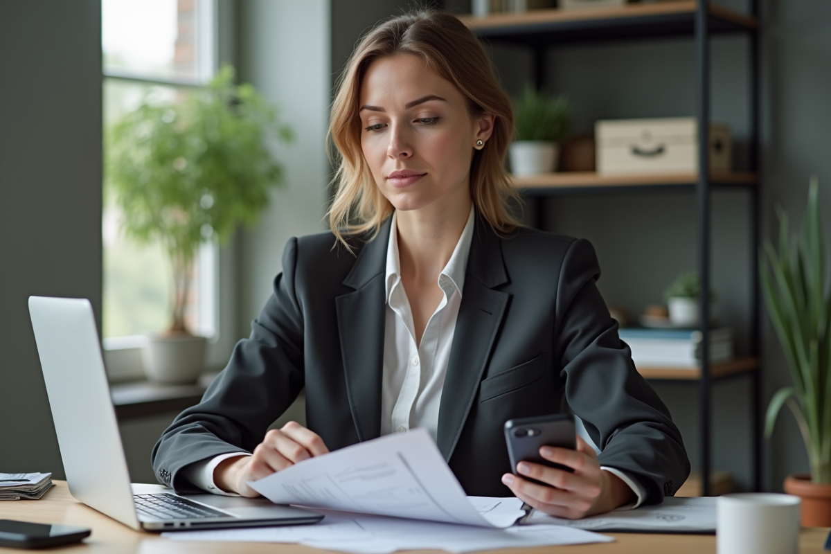 Femme en bureau moderne examinant des papiers avec concentration