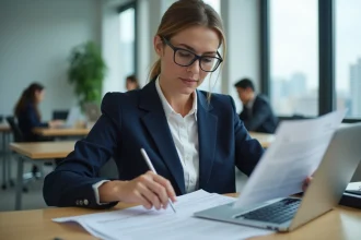 Femme cadre consultante analysant des documents de classification socioprofessionnelle dans un bureau moderne