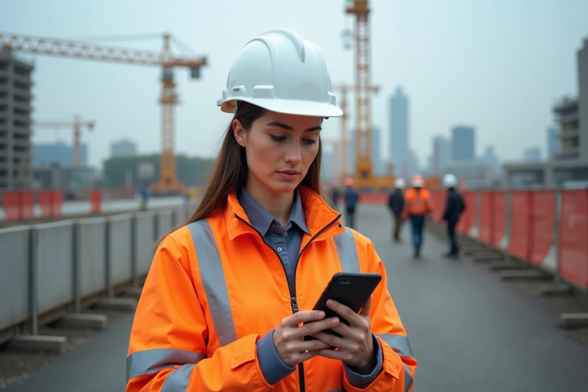Jeune femme sur un chantier avec smartphone et casque