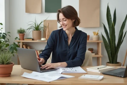 Femme créative examinant un moodboard dans un espace calme