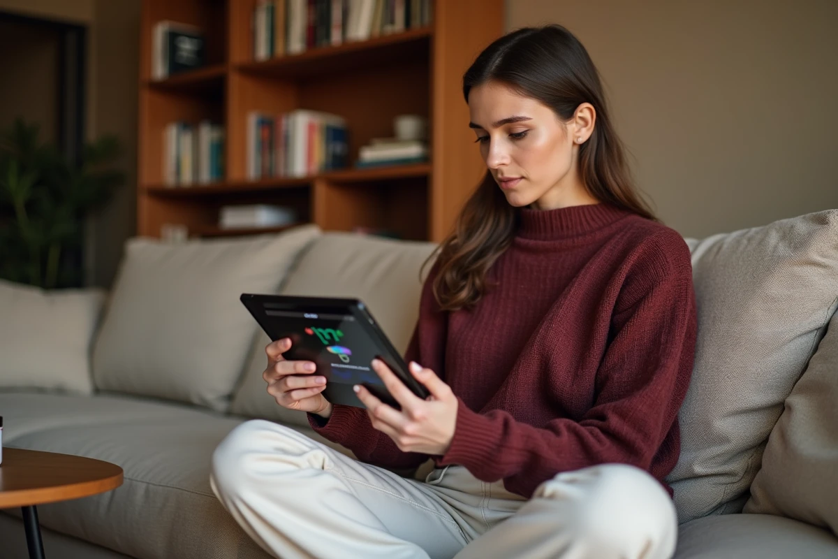 Femme créatrice de contenu analysant ses revenus sur une plateforme de monétisation comme stan.store