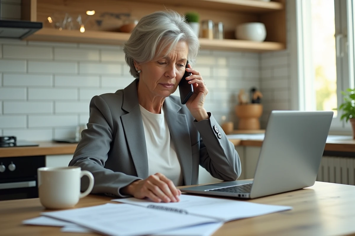 Femme gérant ses démarches administratives Urssaf par téléphone et ordinateur depuis sa cuisine