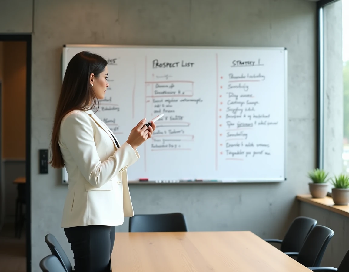 Femme dirigeante analysant une stratégie de prospection commerciale sur un tableau blanc dans une salle de réunion moderne