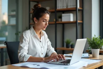 Femme entrepreneur créant son business plan sur ordinateur portable dans un bureau minimaliste moderne pour lancer son entreprise en 2026
