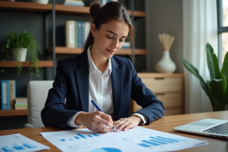 Femme d affaires examinant des graphiques financiers