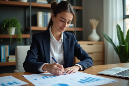 Femme d affaires examinant des graphiques financiers