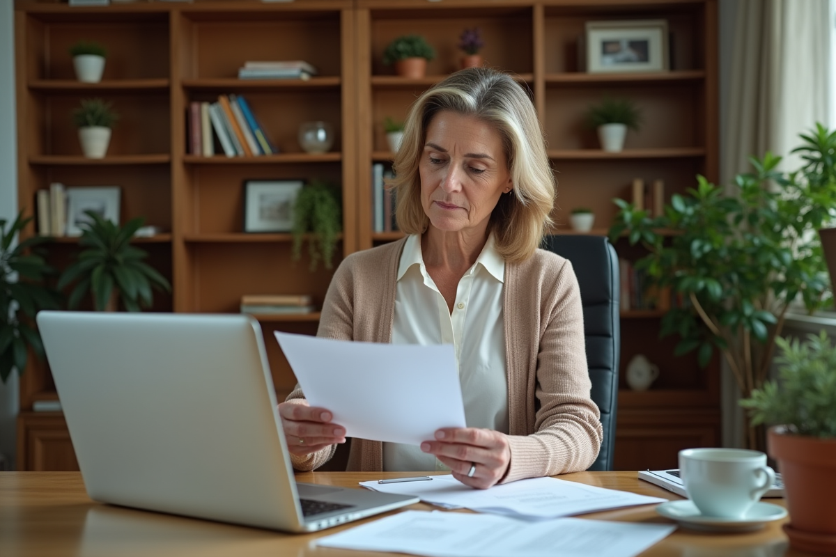 Femme d'âge mûr examinant des documents juridiques dans son bureau à domicile