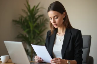 Femme en blazer tenant une lettre de démission sans préavis dans un bureau professionnel