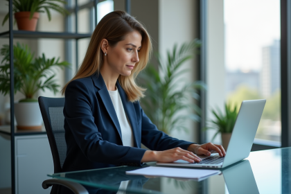 Femme professionnelle en blazer navy au bureau
