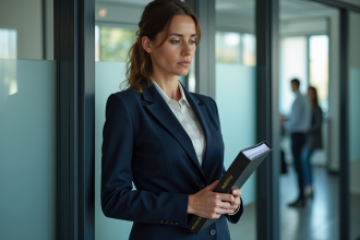 Femme professionnelle en costume navy avec dossier dans un bureau