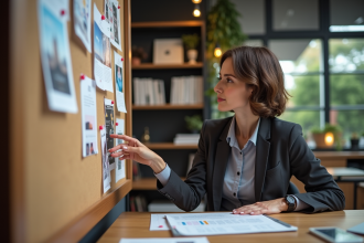 Femme professionnelle pinçant des affiches colorées dans un bureau créatif