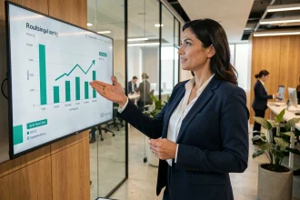 Femme professionnelle en blazer marine présentant des graphiques de croissance dans un bureau moderne, illustrant une stratégie de levier commercial avec Exlansa