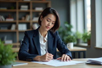 Femme en blazer bleu examinant des CV dans un bureau professionnel