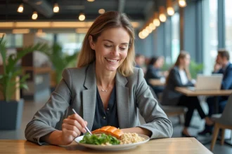 Femme d affaires mangeant un repas équilibré au bureau