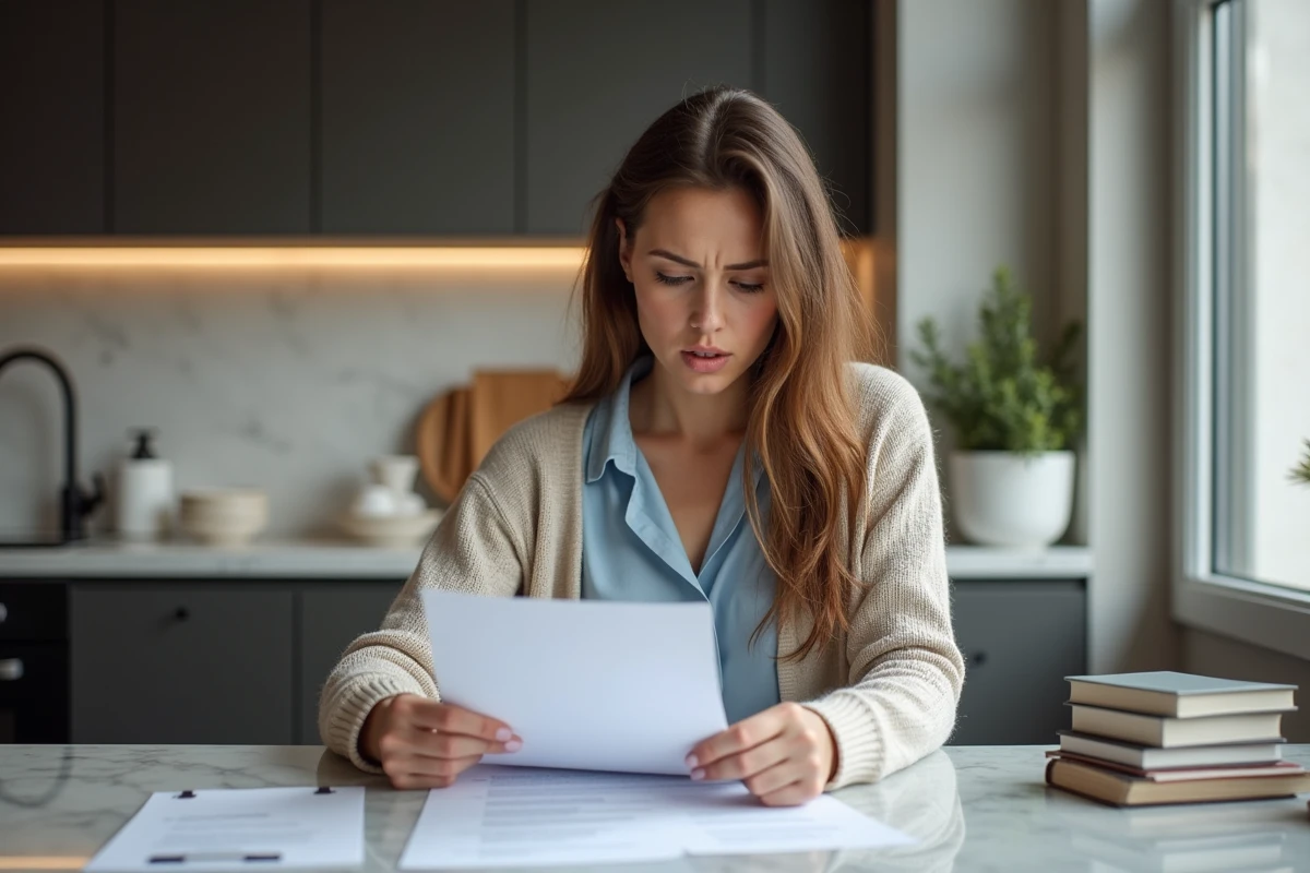 Jeune femme examinant un contrat à la maison