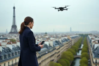 Femme en haut de Paris surveillant un drone en vol