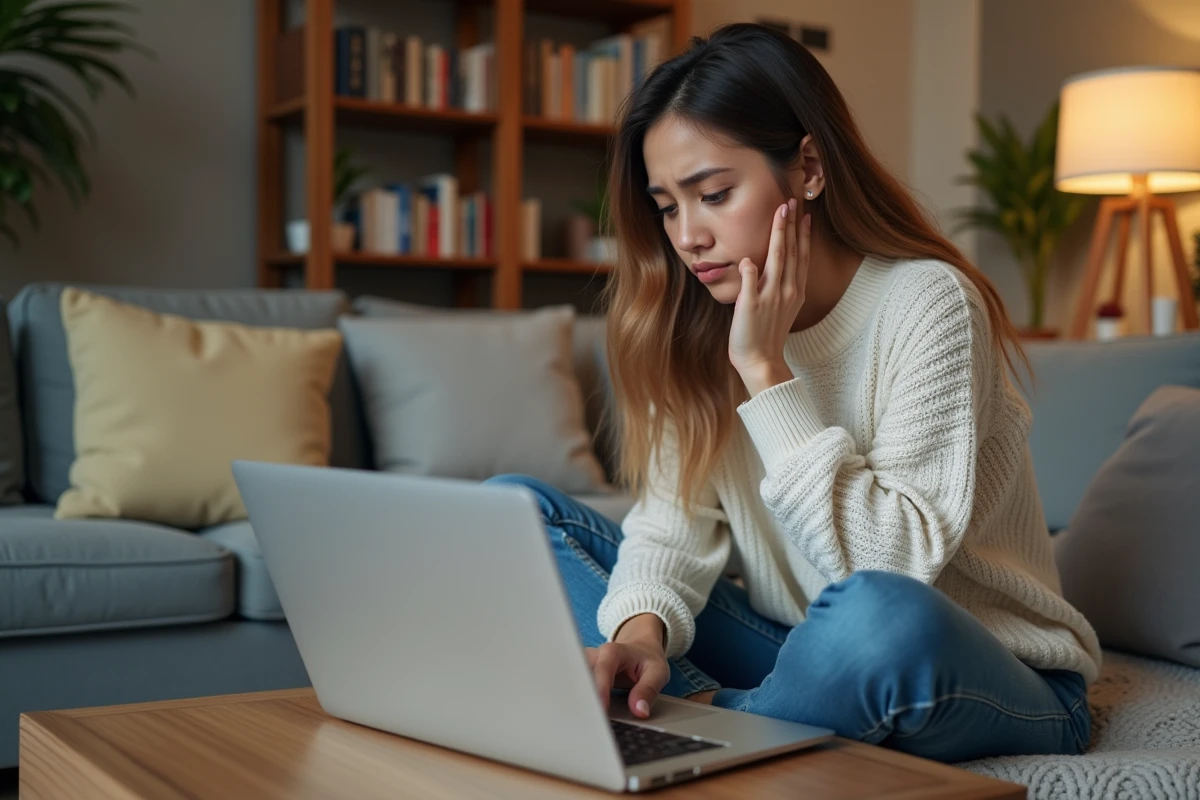Jeune femme examine un routeur wifi avec curiosite dans un salon