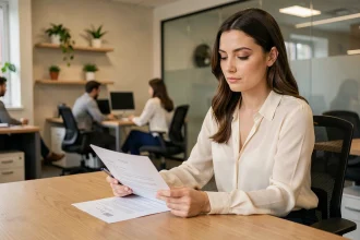 Femme en congé maternité relisant un contrat de rupture conventionnelle à son bureau en open space