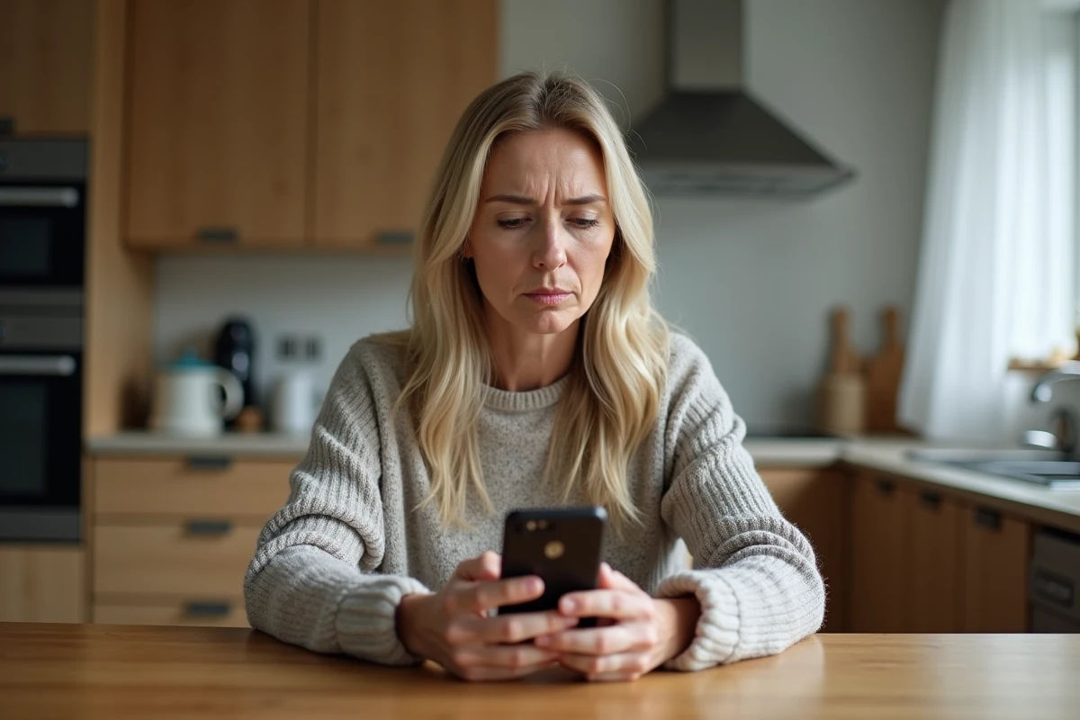 Femme assise à la cuisine avec smartphone affichant un numéro