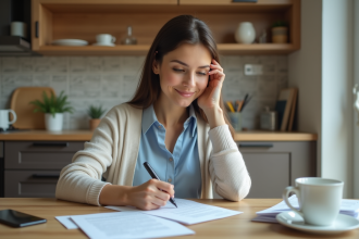 Femme signant une lettre de changement d'adresse à la maison