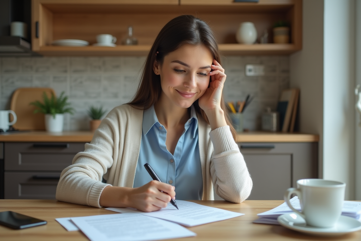 Femme signant une lettre de changement d'adresse à la maison