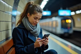 Jeune femme utilisant son smartphone dans le métro parisien
