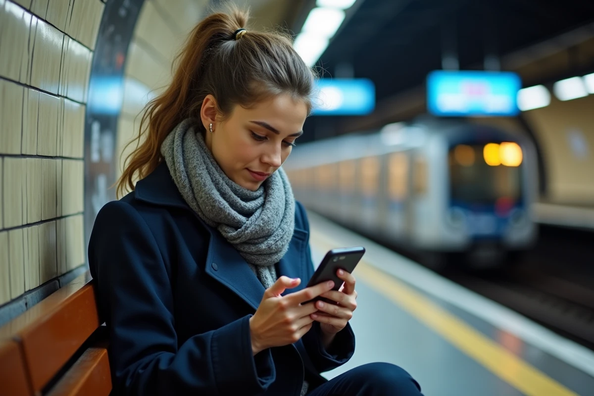 Jeune femme utilisant son smartphone dans le métro parisien