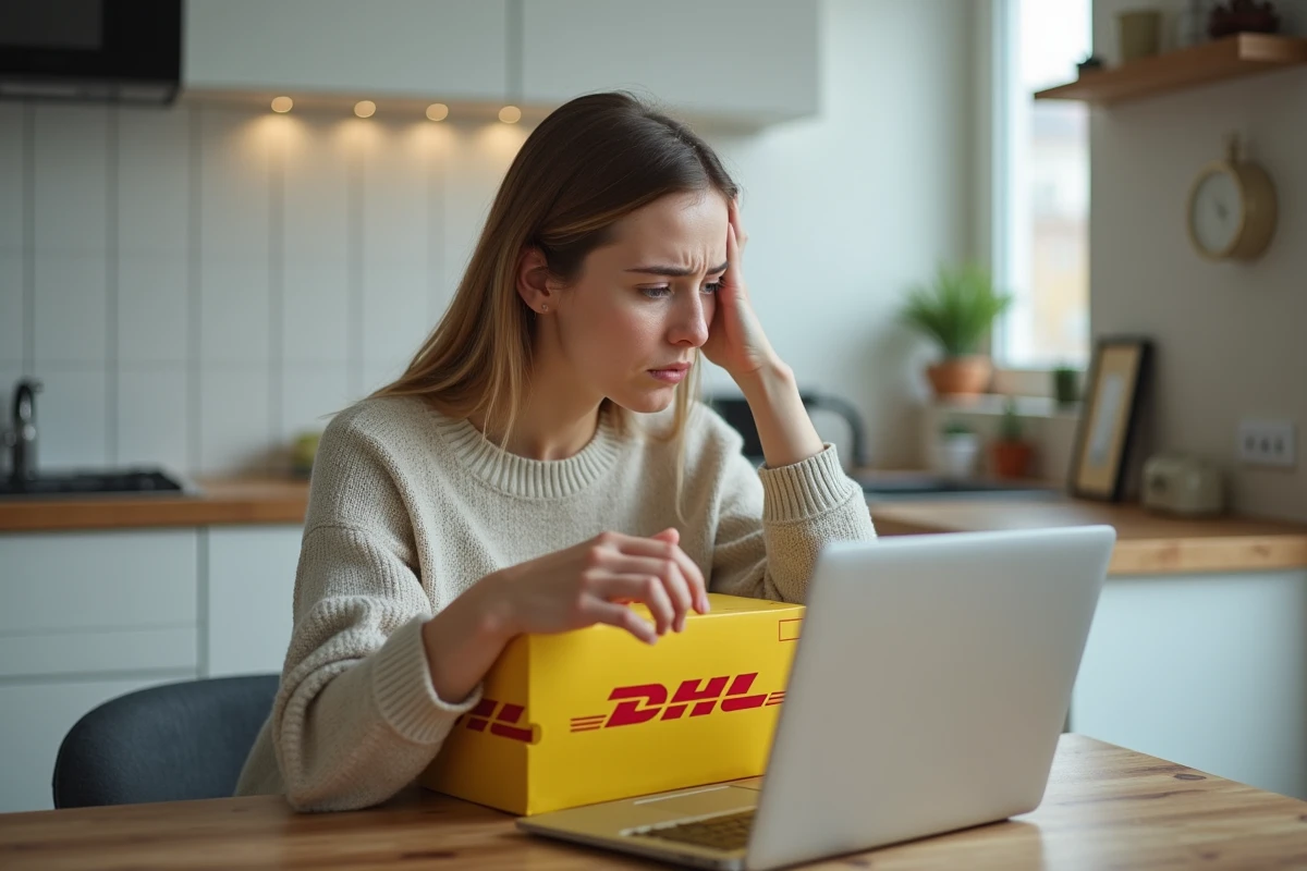 Jeune femme préoccupée vérifiant un colis DHL à la maison