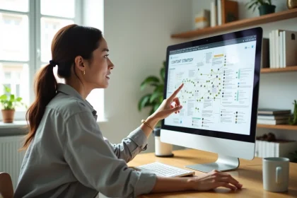 Femme analysant une stratégie de contenu inbound marketing sur un écran d'ordinateur dans un bureau à domicile lumineux